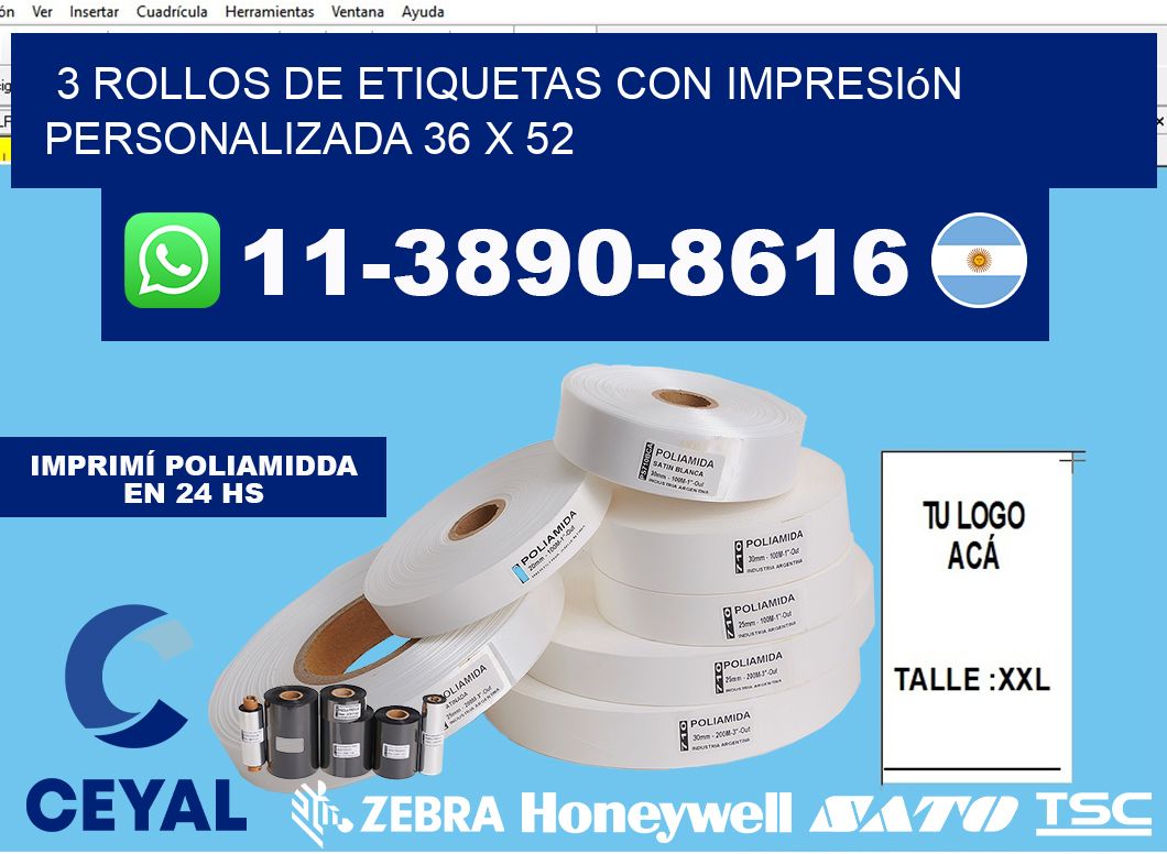 3 rollos de etiquetas con impresión personalizada 36 x 52