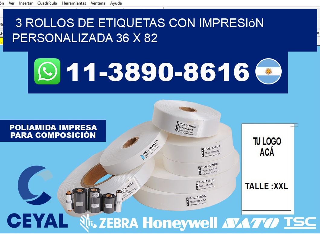 3 rollos de etiquetas con impresión personalizada 36 x 82