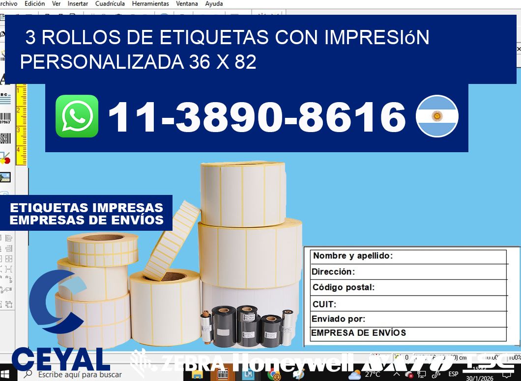 3 rollos de etiquetas con impresión personalizada 36 x 82