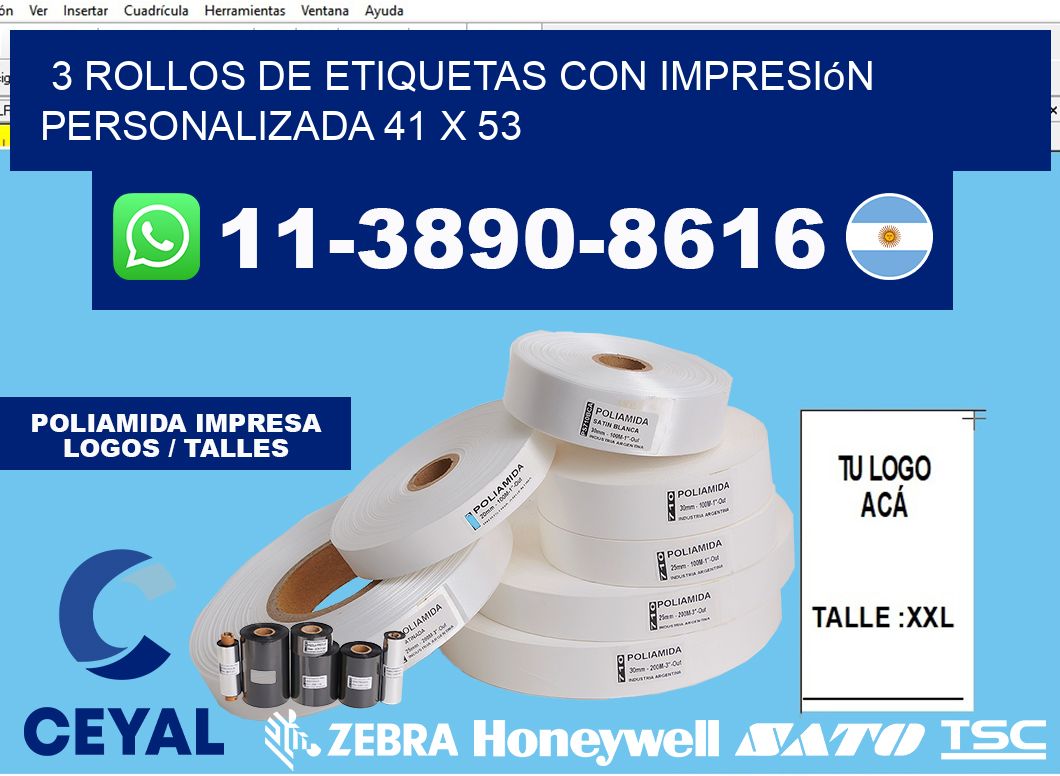 3 rollos de etiquetas con impresión personalizada 41 x 53