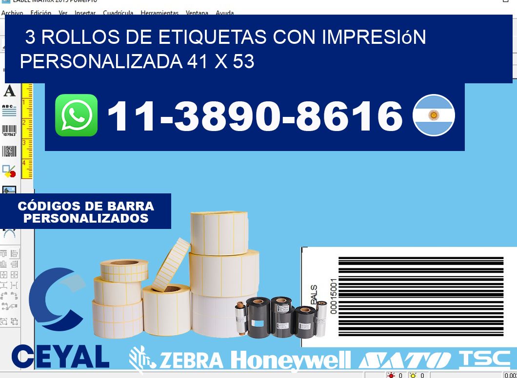 3 rollos de etiquetas con impresión personalizada 41 x 53