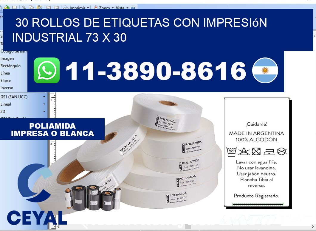 30 rollos de etiquetas con impresión industrial 73 x 30