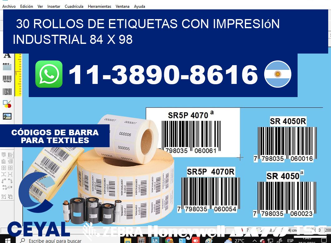 30 rollos de etiquetas con impresión industrial 84 x 98