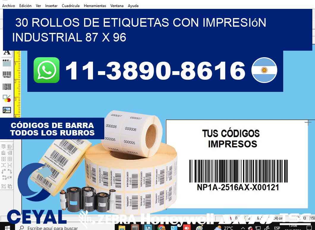 30 rollos de etiquetas con impresión industrial 87 x 96