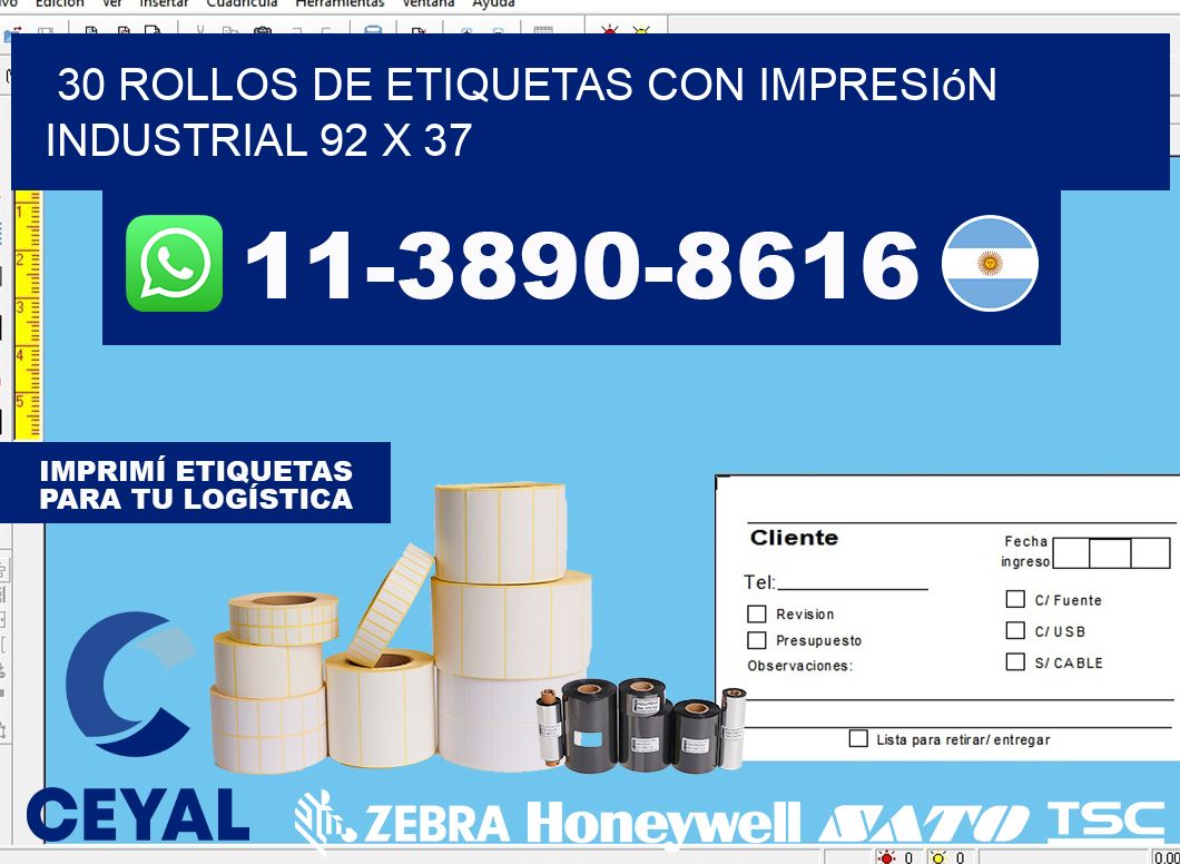 30 rollos de etiquetas con impresión industrial 92 x 37