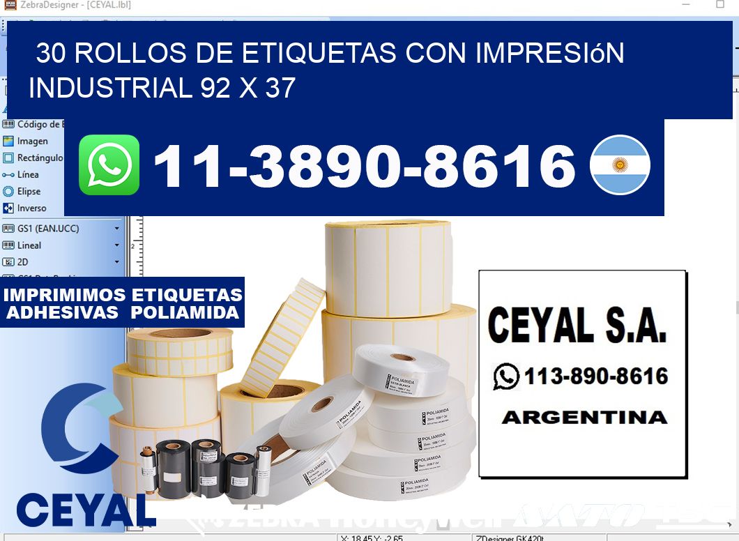 30 rollos de etiquetas con impresión industrial 92 x 37