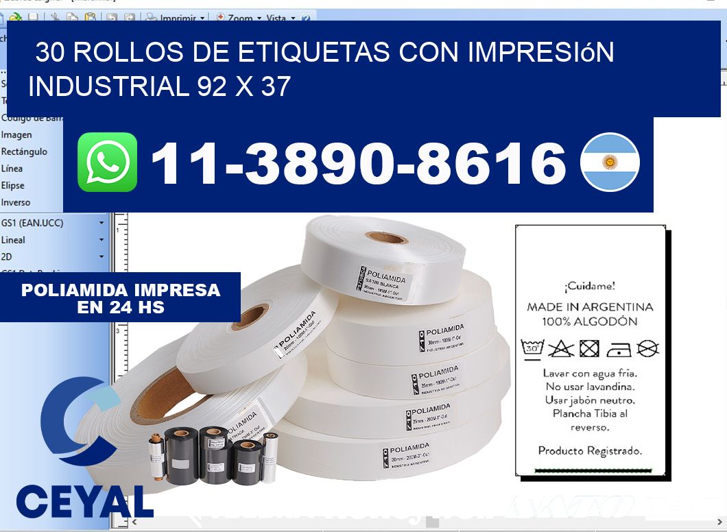 30 rollos de etiquetas con impresión industrial 92 x 37