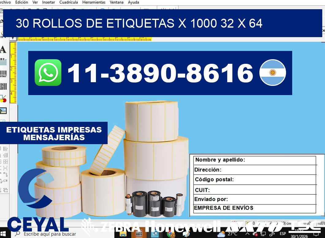 30 rollos de etiquetas x 1000 32 x 64