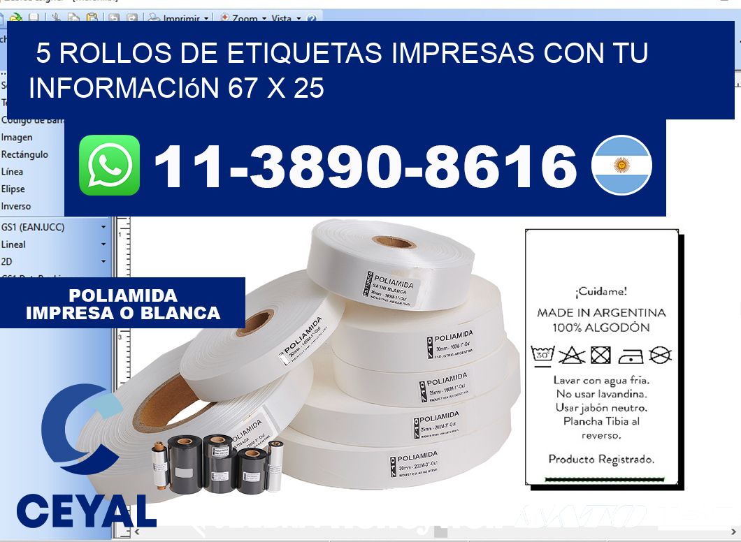 5 rollos de etiquetas impresas con tu información 67 x 25