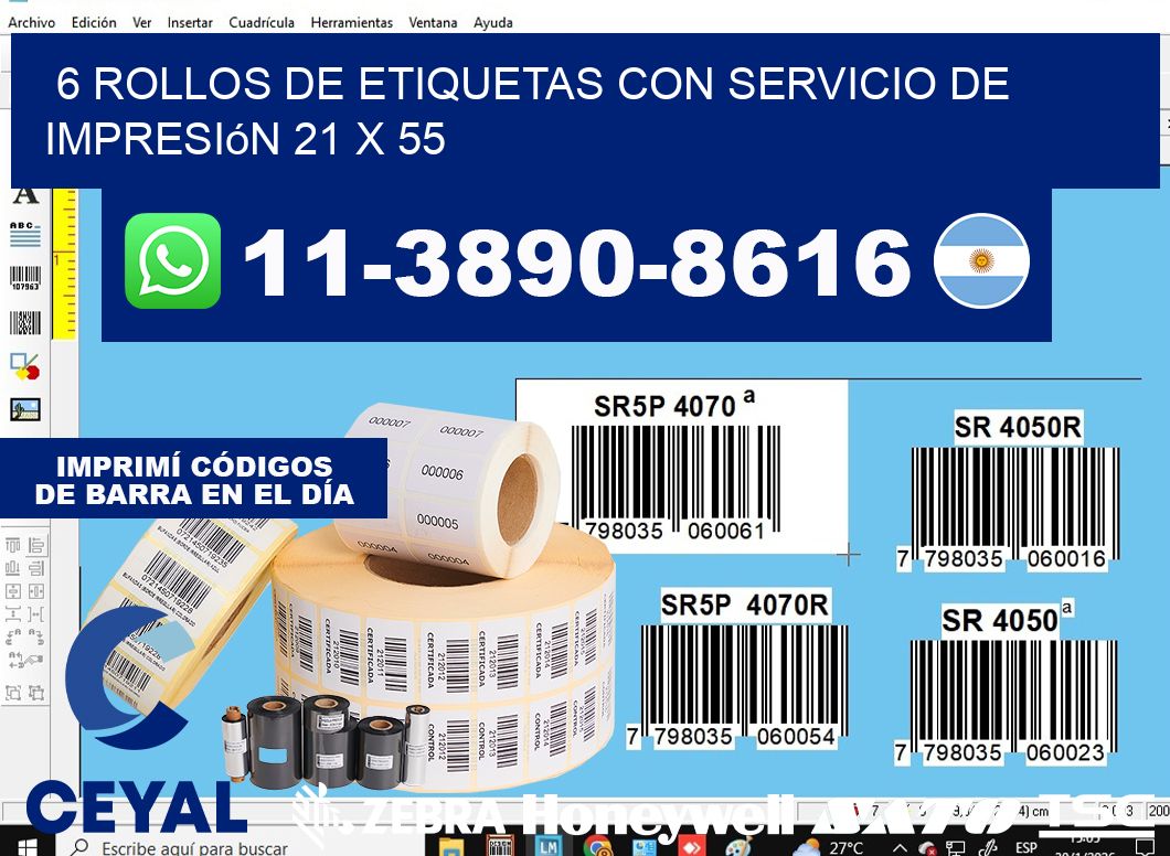 6 rollos de etiquetas con servicio de impresión 21 x 55