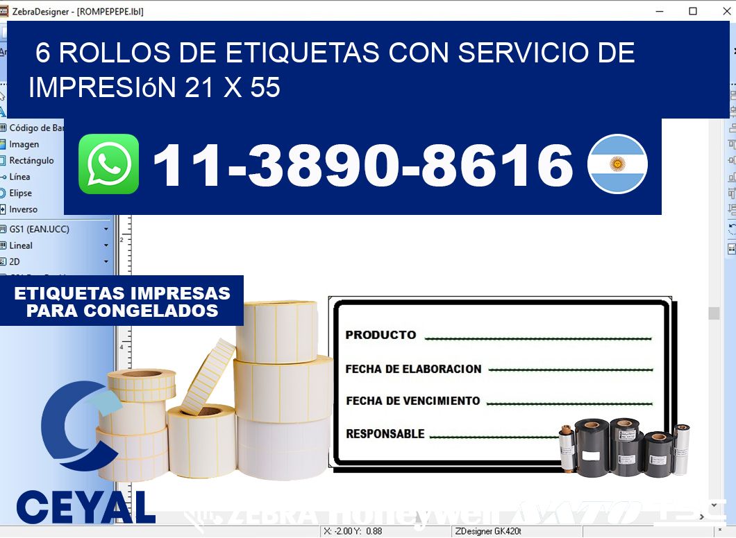 6 rollos de etiquetas con servicio de impresión 21 x 55