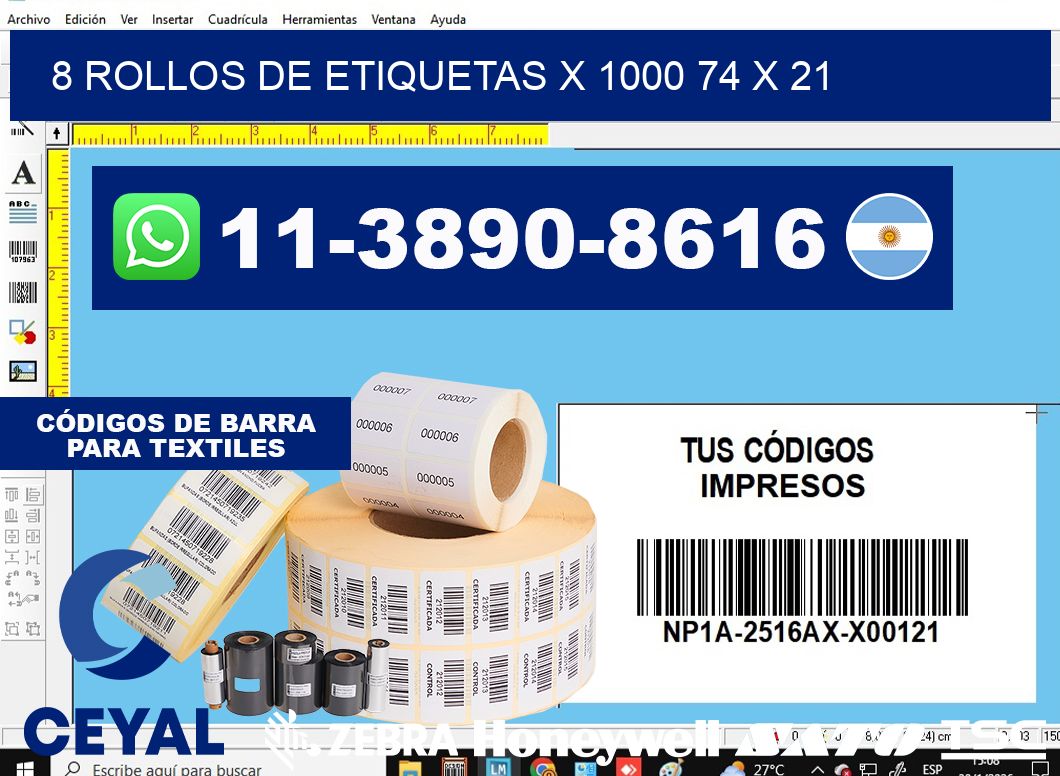 8 rollos de etiquetas x 1000 74 x 21